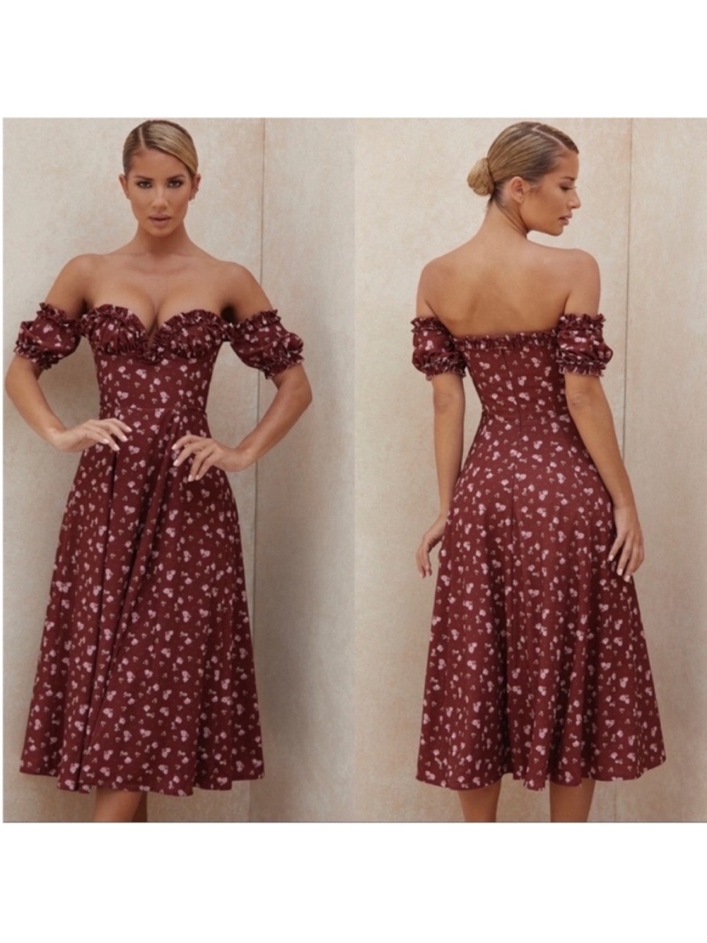 Off-Shoulder Burgundy Floral Midi Dress